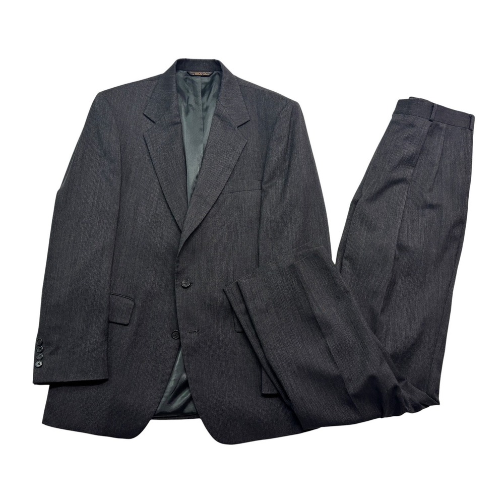 vtg 90s USA Made 40L 33x34 Charcoal Stripe 2pc Pant Suit Wool Pleated Wide Leg